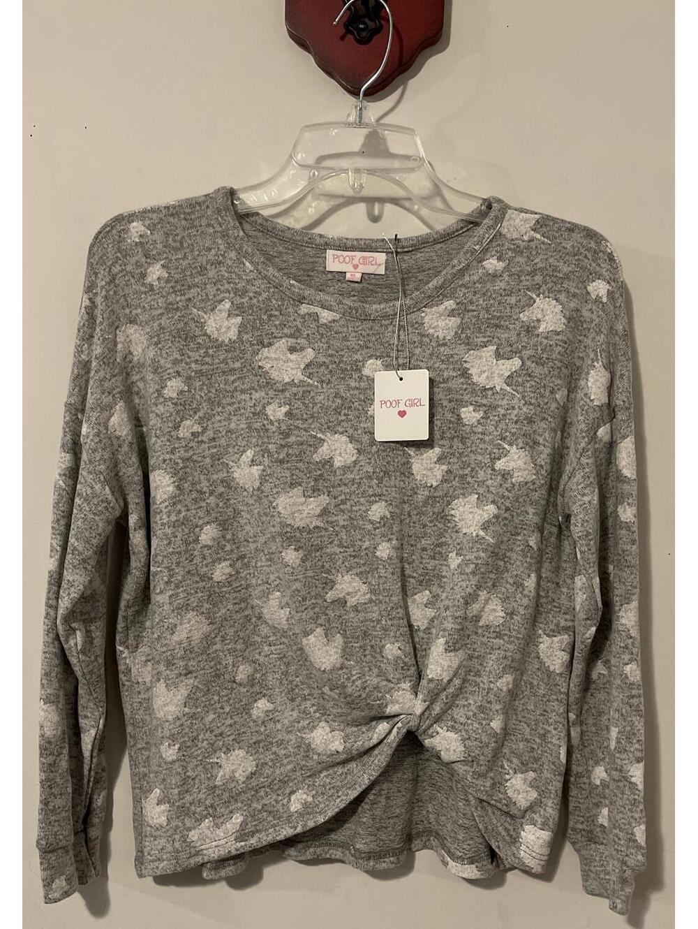 Poof Girl XL Gray Unicorn-Print Twist-Front Long-Sleeved Soft Blouse NWT! A3358